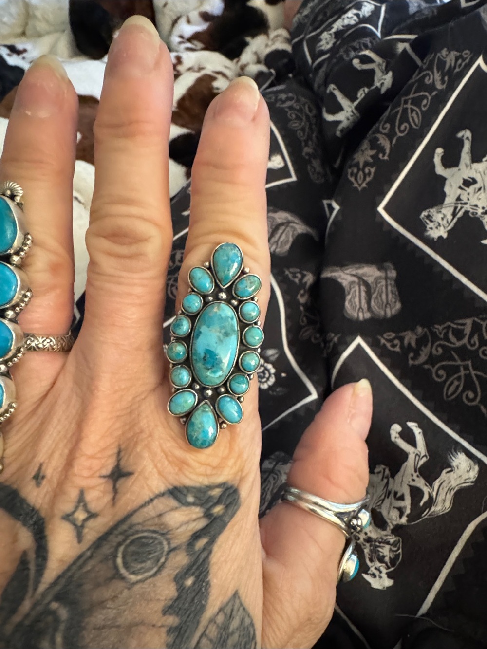 Turquoise Cluster Oval Sterling Ring - Blue Turquoise Statement Ring